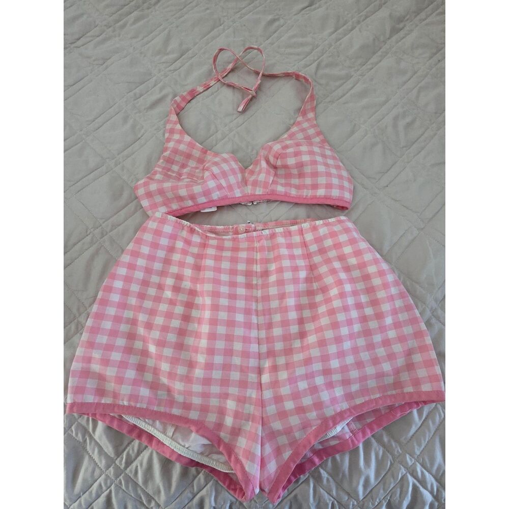 Vintage 1970s JCPenney Pink Gingham Bikini Set High Waist High Leg Halter Small